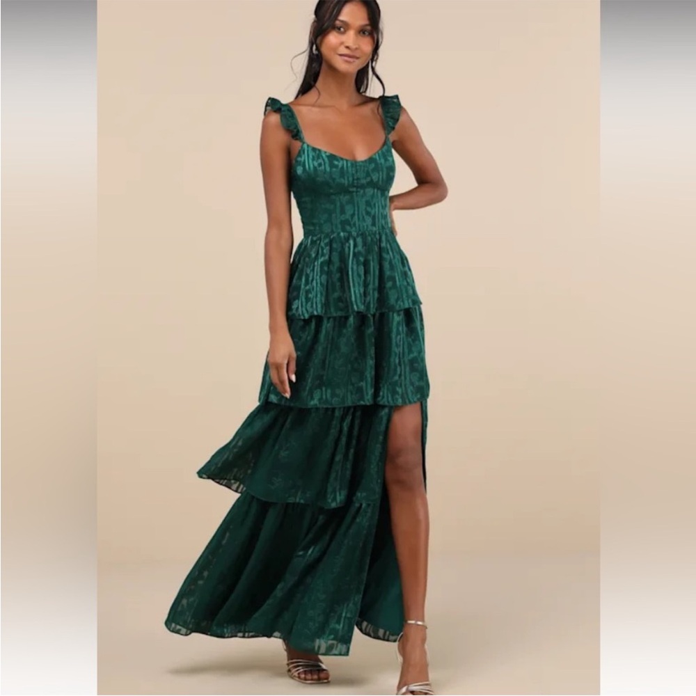 Stunning Glory Hunter Green Floral Jacquard Tiered Maxi Dress
